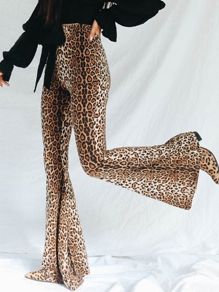 Casual Slim Leopard Full Längd Bellbottoms Byxor