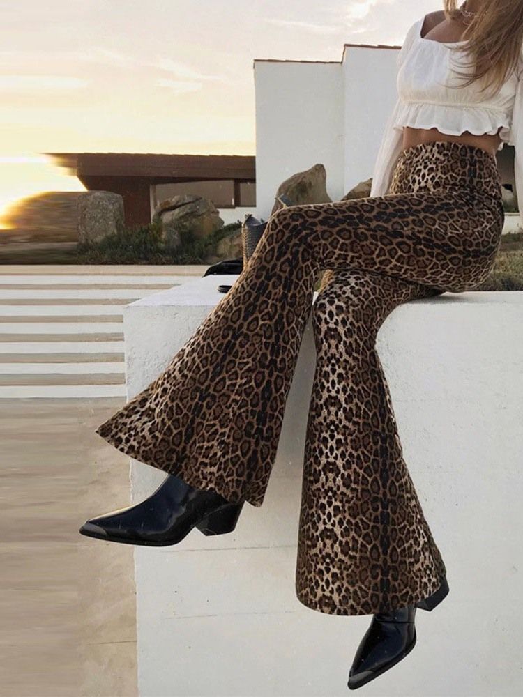 Casual Slim Leopard Full Längd Bellbottoms Byxor