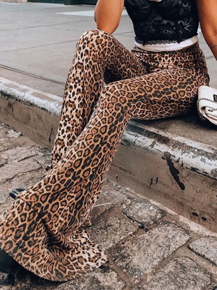 Casual Slim Leopard Full Längd Bellbottoms Byxor