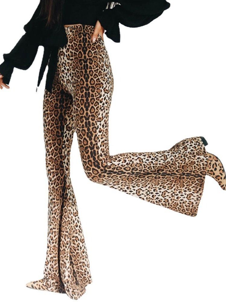 Casual Slim Leopard Full Längd Bellbottoms Byxor