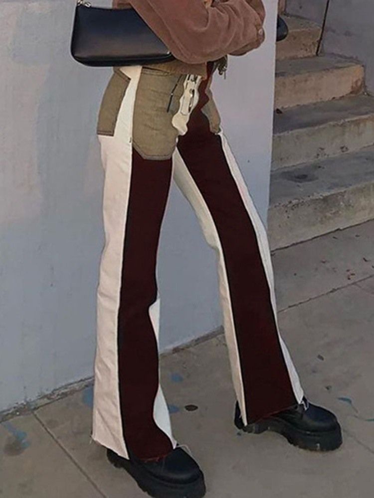 Color Block Pocket Bellbottoms Slim Zipper Jeans