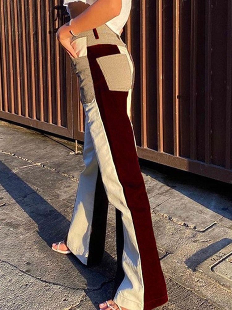Color Block Pocket Bellbottoms Slim Zipper Jeans