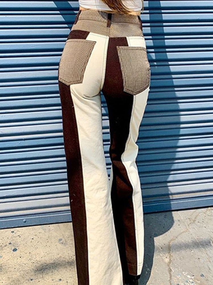 Color Block Pocket Bellbottoms Slim Zipper Jeans