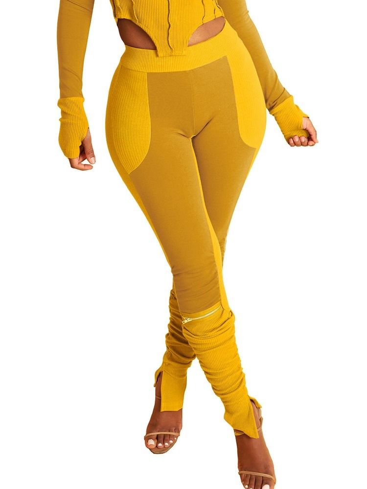 Dragkedja Skinny Color Block Full Längd Bellbottoms Dambyxor