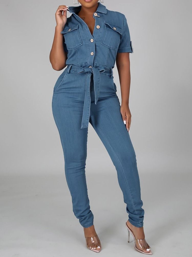 Full Längd Sweet Button Skinny Jumpsuit Med Mitten Av Midjan