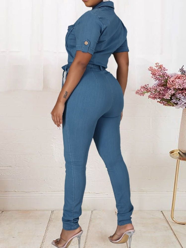 Full Längd Sweet Button Skinny Jumpsuit Med Mitten Av Midjan