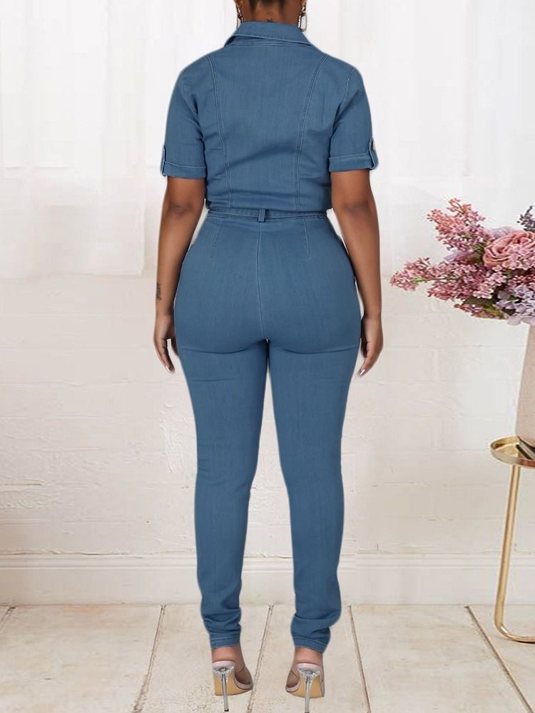 Full Längd Sweet Button Skinny Jumpsuit Med Mitten Av Midjan