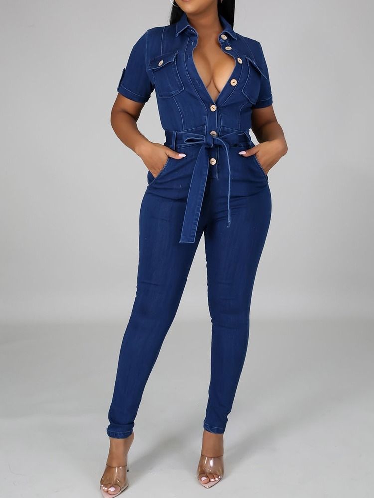 Full Längd Sweet Button Skinny Jumpsuit Med Mitten Av Midjan