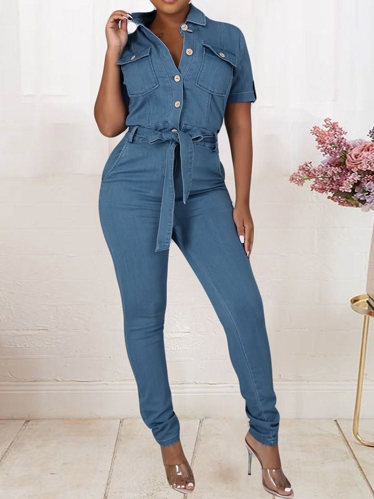 Full Längd Sweet Button Skinny Jumpsuit Med Mitten Av Midjan