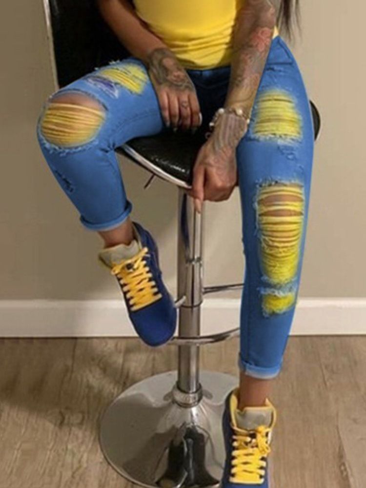 Hål Färg Block Pencil Byxor Dragkedja Skinny Jeans