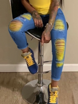 Hål Färg Block Pencil Byxor Dragkedja Skinny Jeans