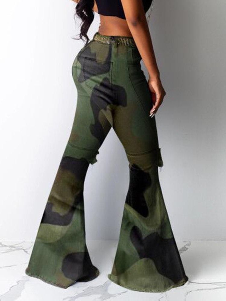 Kamouflage Slim Hole Mid Waist Full Längd Dambyxor