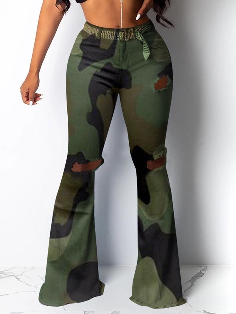 Kamouflage Slim Hole Mid Waist Full Längd Dambyxor