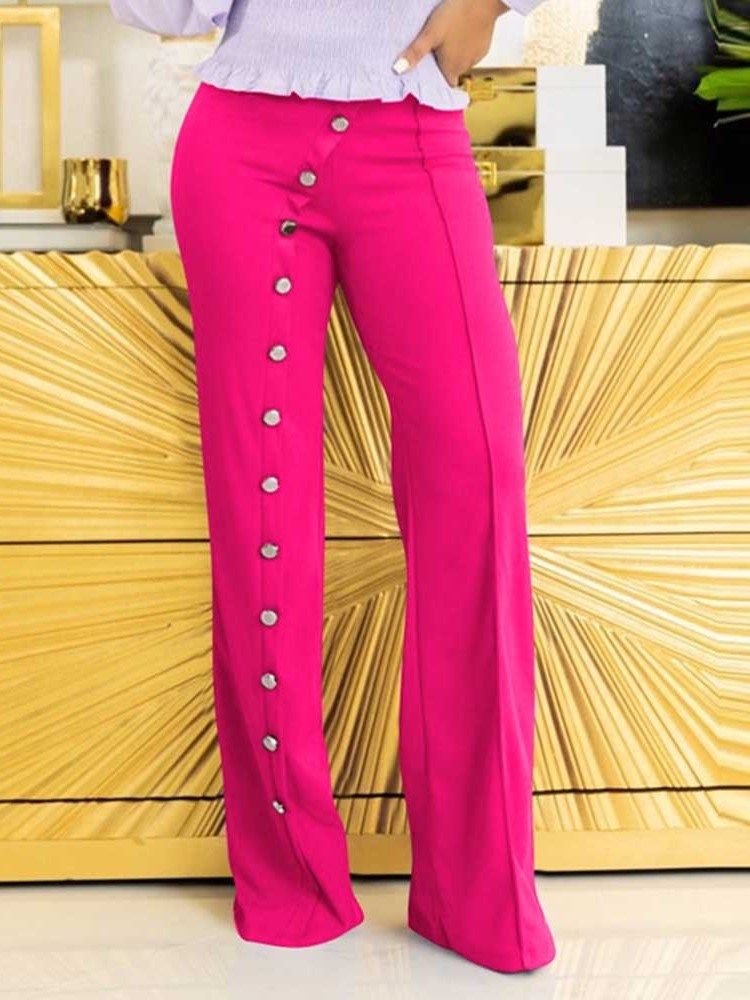 Knapp Vanlig Slim Full Längd Mid Midja Dam Casual Byxor