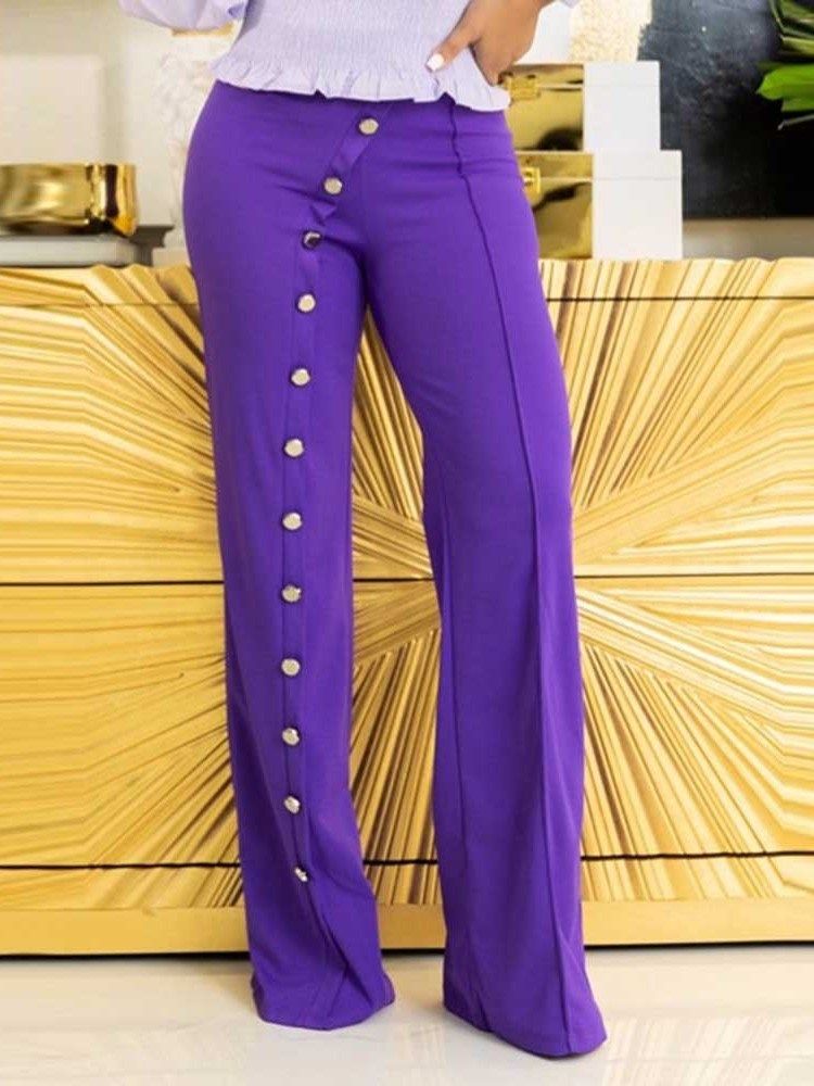 Knapp Vanlig Slim Full Längd Mid Midja Dam Casual Byxor
