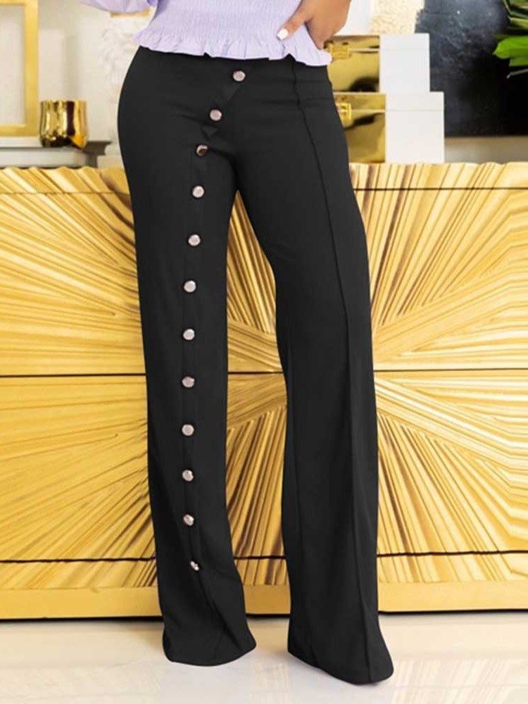 Knapp Vanlig Slim Full Längd Mid Midja Dam Casual Byxor