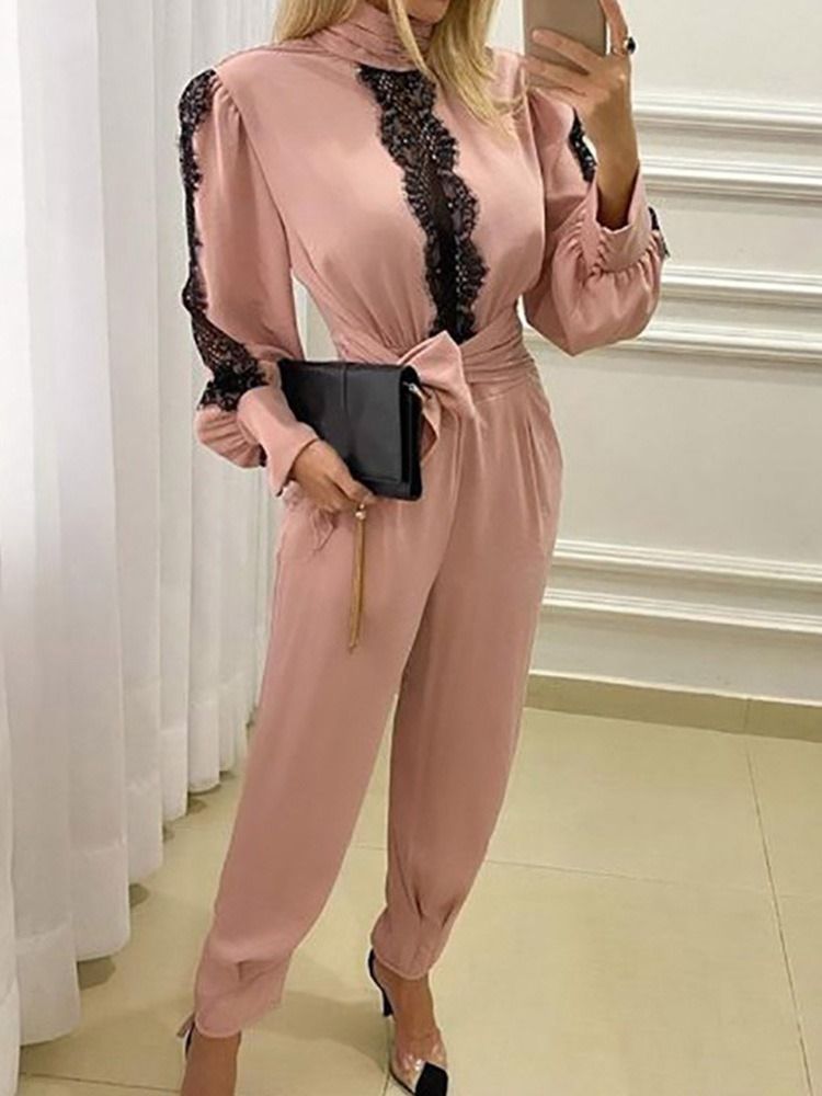 Lace-Up Full Längd Color Block Mid Waist Pencil Byxor Jumpsuit