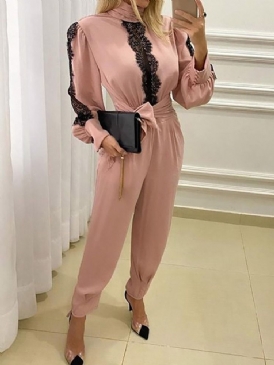 Lace-Up Full Längd Color Block Mid Waist Pencil Byxor Jumpsuit