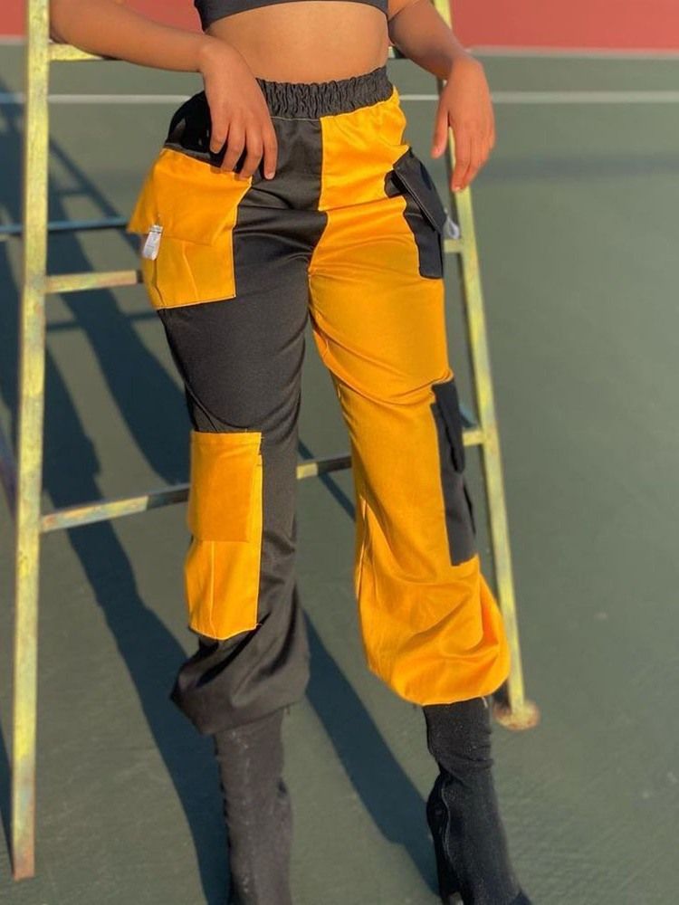 Lös Color Block Pocket Overall Mid Waist Casual Dambyxor