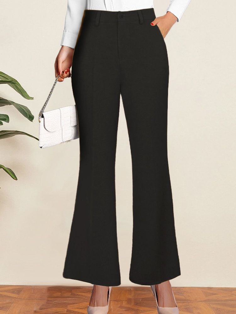 Lös Ficka Vanlig Bellbottoms Full Längd Casual Byxor