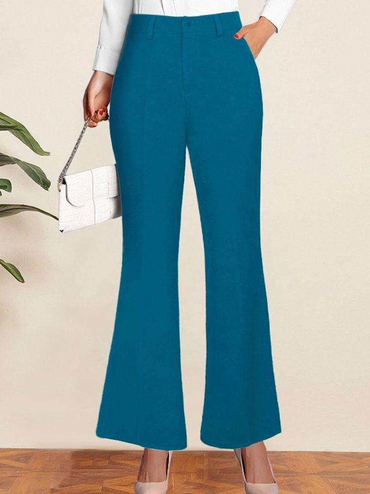 Lös Ficka Vanlig Bellbottoms Full Längd Casual Byxor
