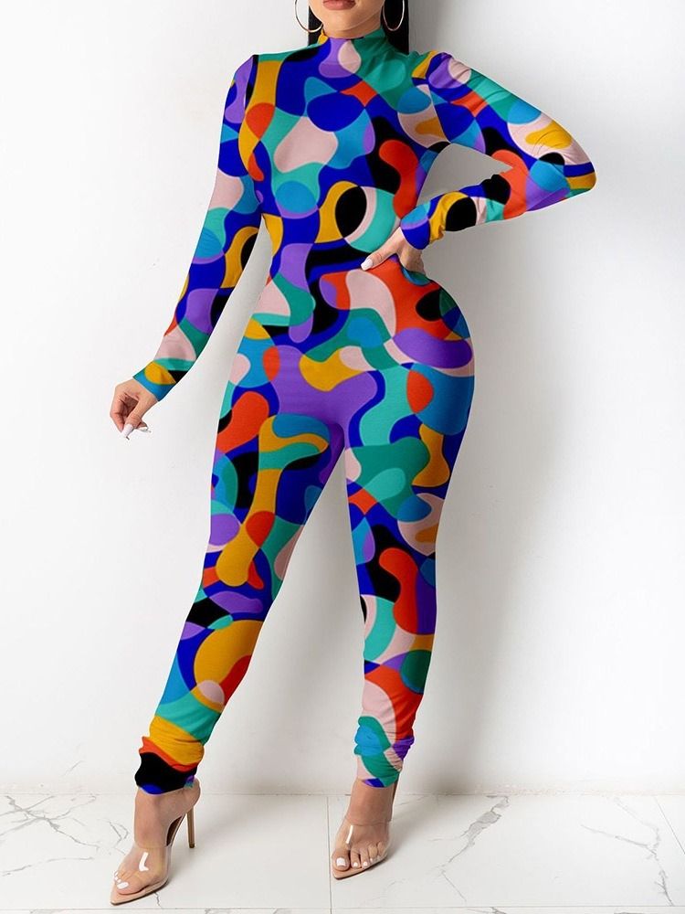 Mode Hellängd Färgblock Medel Midja Skinny Jumpsuit