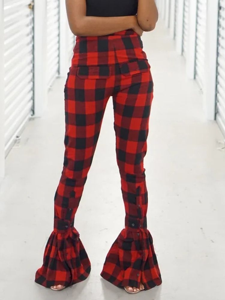 Pläd Slim High Waist Full Längd Casual Byxor