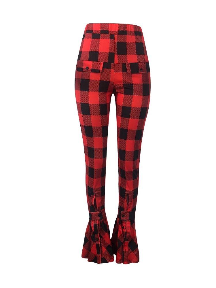 Pläd Slim High Waist Full Längd Casual Byxor