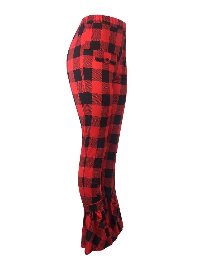Pläd Slim High Waist Full Längd Casual Byxor