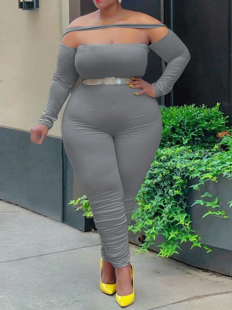 Plus Size Sexig Vanlig Full Längd Skinny Pencil Byxor Jumpsuit