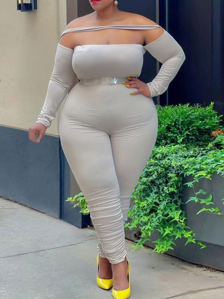 Plus Size Sexig Vanlig Full Längd Skinny Pencil Byxor Jumpsuit