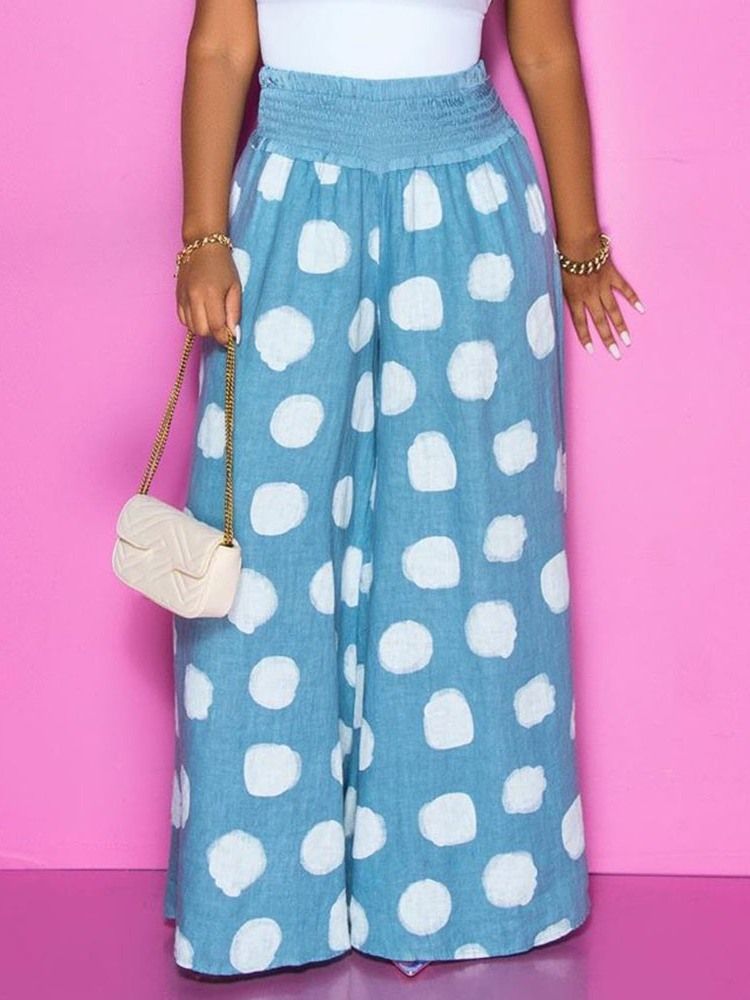 Polka Dots Lös Full Längd Mid Midja Dam Casual Byxor