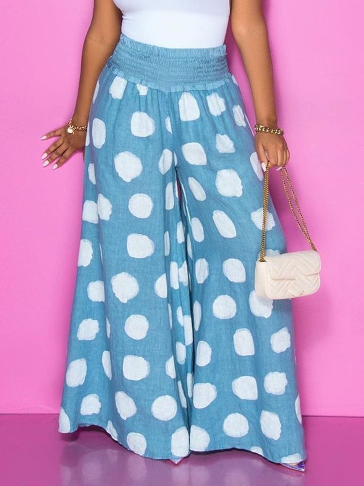 Polka Dots Lös Full Längd Mid Midja Dam Casual Byxor