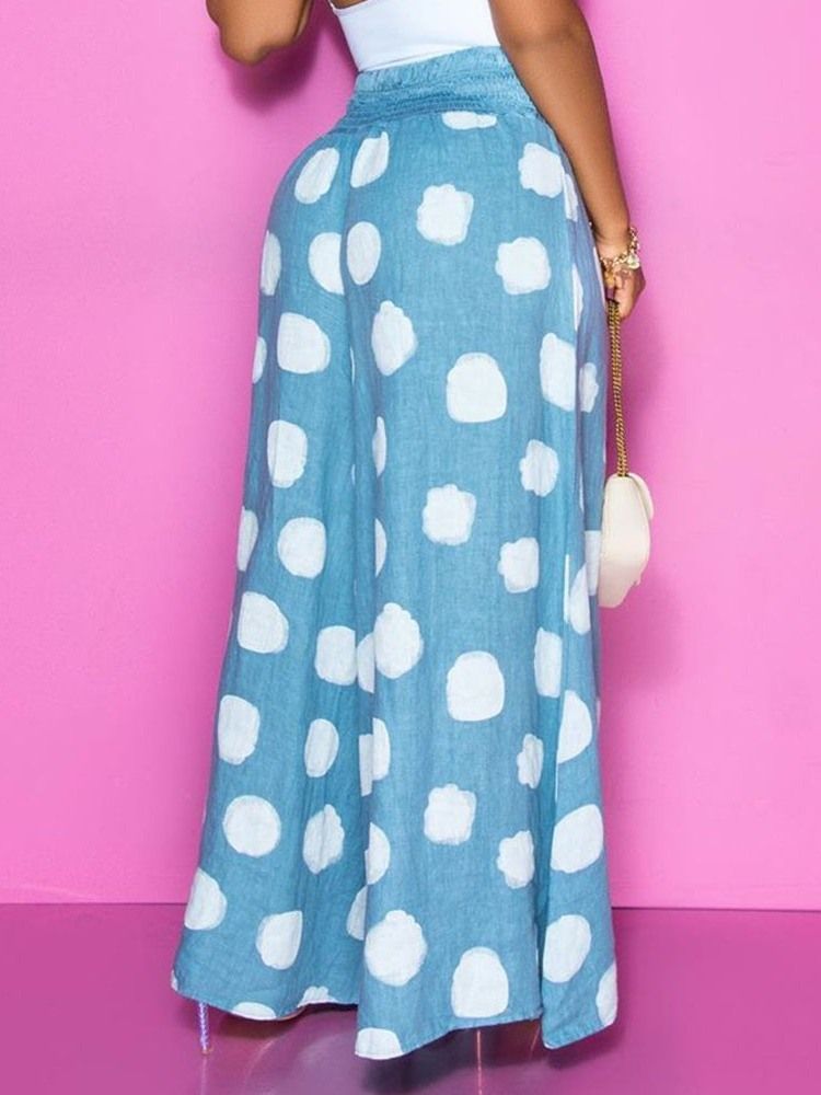 Polka Dots Lös Full Längd Mid Midja Dam Casual Byxor
