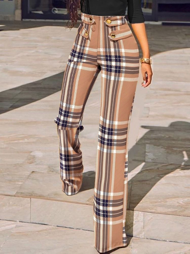 Print Pläd Slim Full Längd Hög Midja Casual Byxor