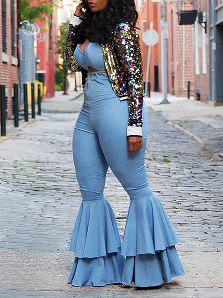 Skinny Falbala Plain Bellbottoms Full Längd Dambyxor