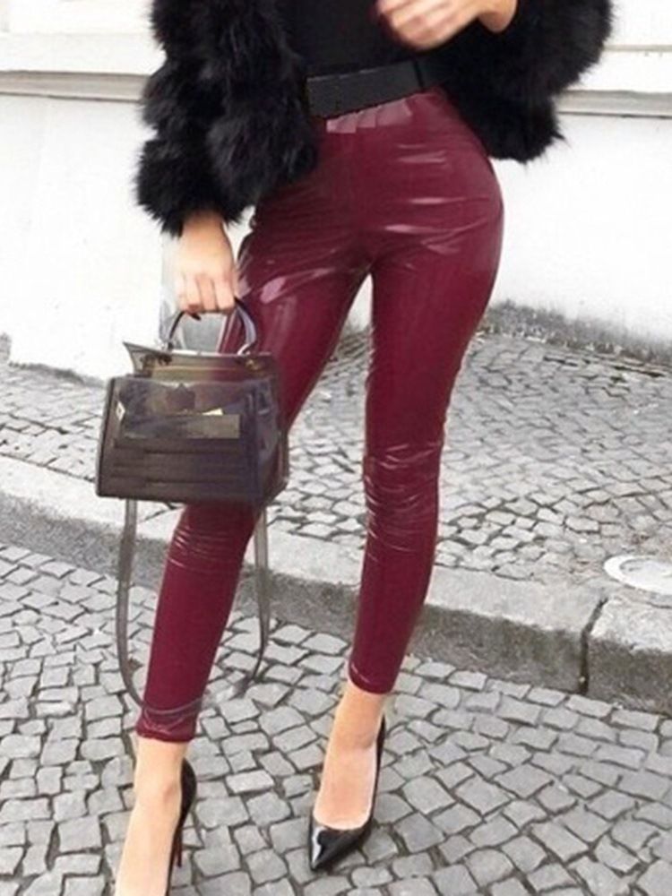 Skinny Plain Full Längd Pencil Pants Casual Pu-Byxor
