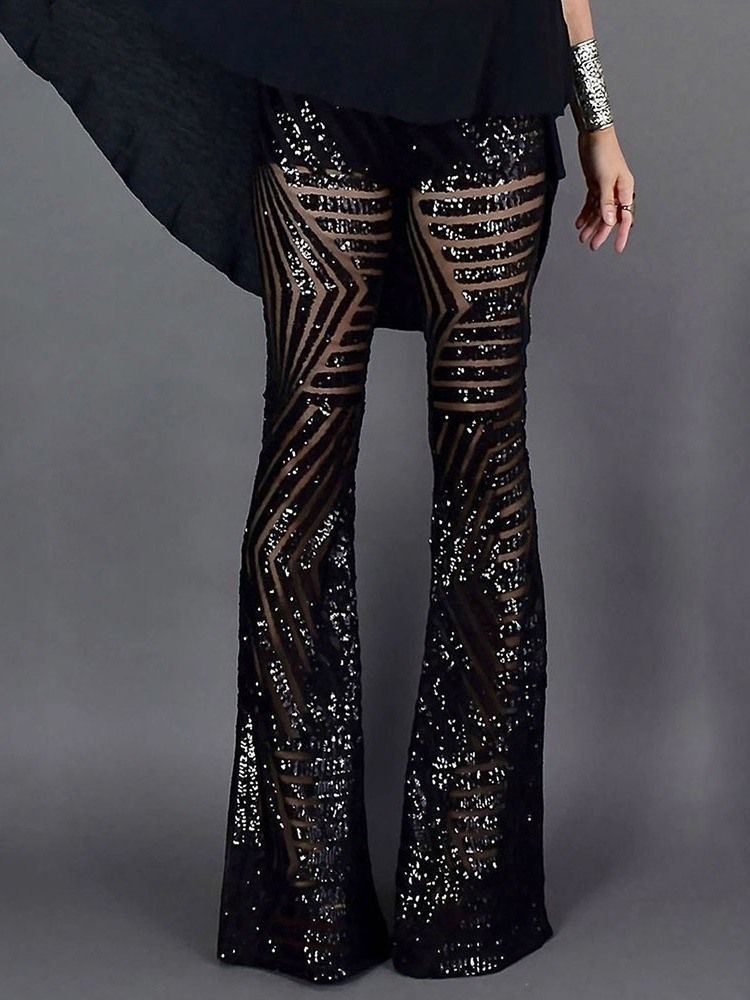 Slimma Paljetter Bellbottoms Full Längd Casual Byxor