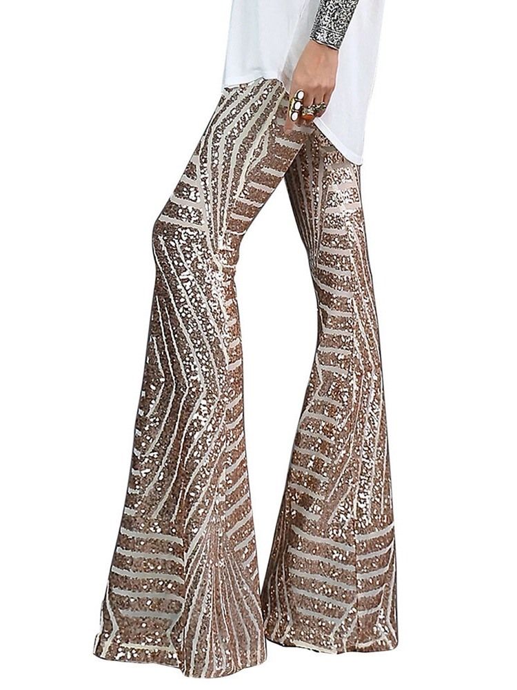Slimma Paljetter Bellbottoms Full Längd Casual Byxor
