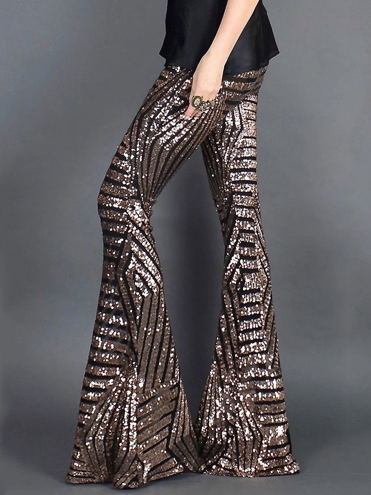 Slimma Paljetter Bellbottoms Full Längd Casual Byxor
