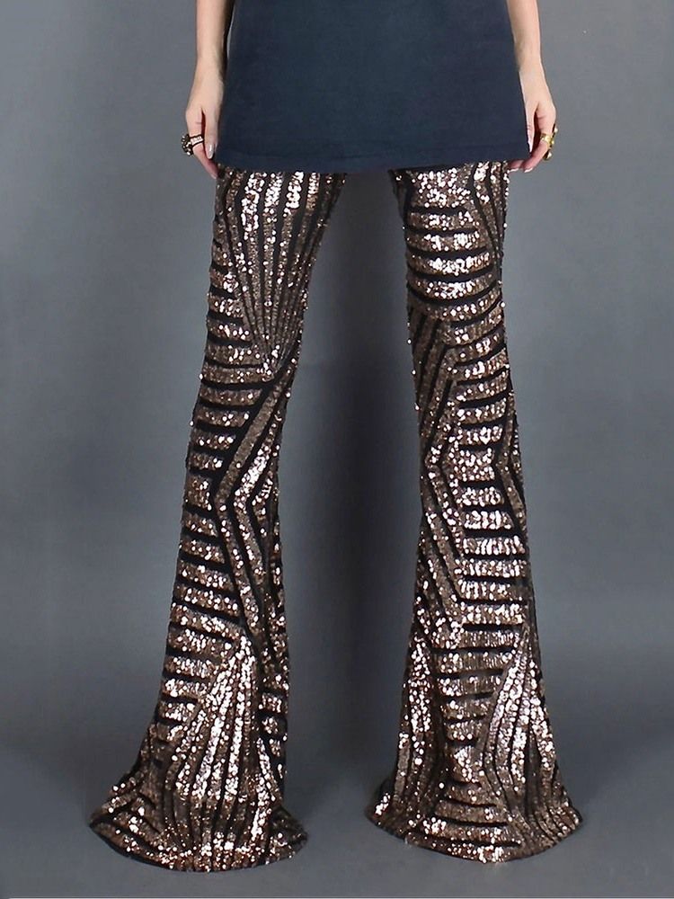 Slimma Paljetter Bellbottoms Full Längd Casual Byxor