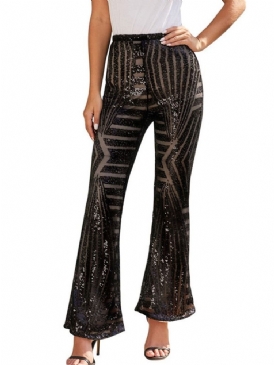 Slimma Paljetter Bellbottoms Full Längd Casual Byxor