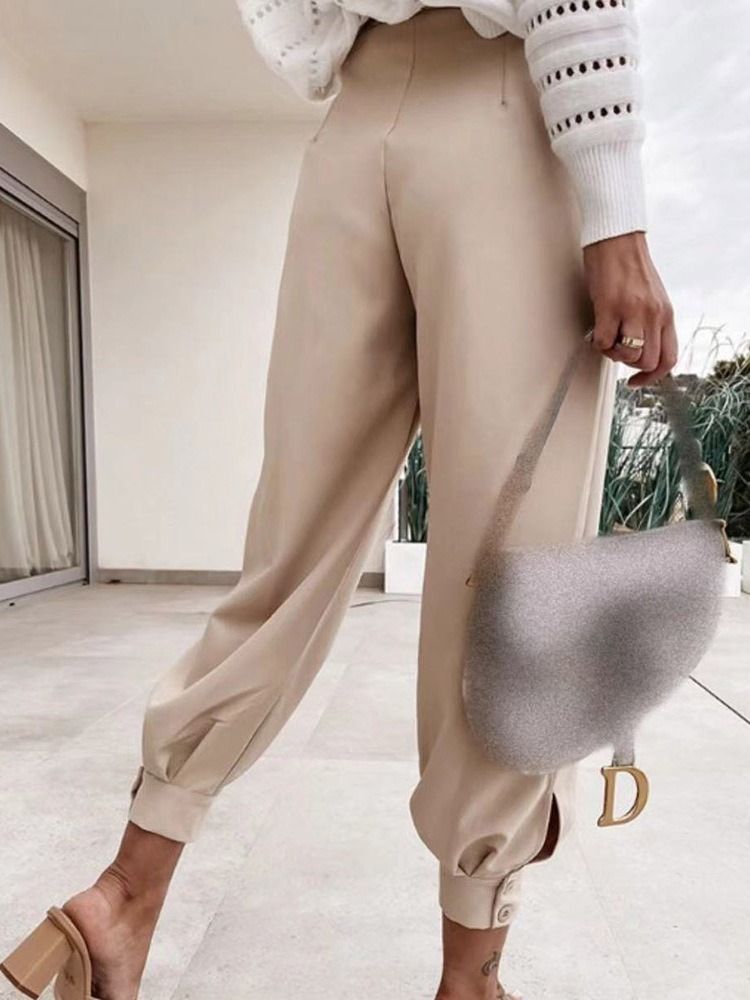 Vanlig Slim Button Pencil Byxor Ankellängd Dam Casual Byxor