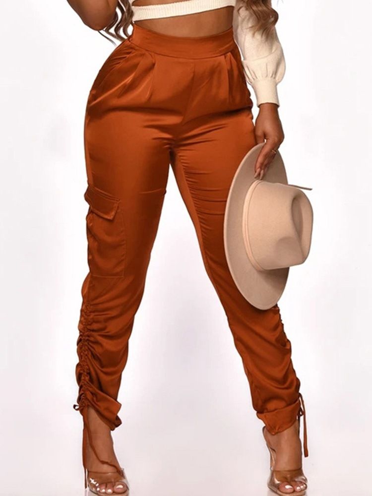 Vanliga Veckade Slim Mid Waist Full Längd Dambyxor