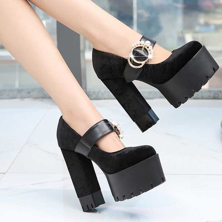 Faux Mocka Beads Chunky Heel Rund Toe Dambalskor