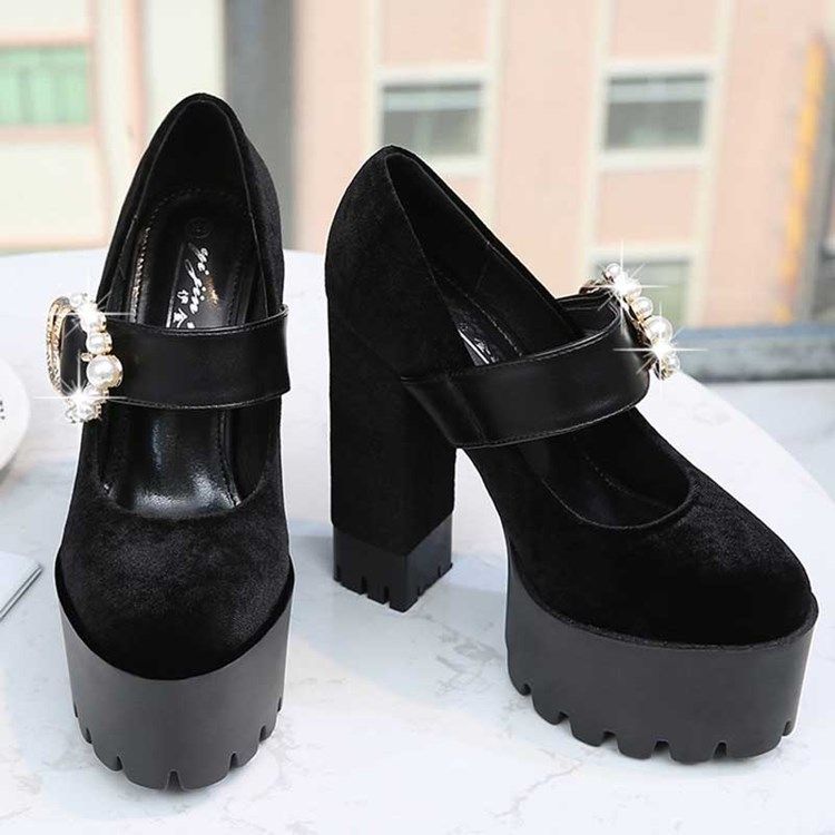 Faux Mocka Beads Chunky Heel Rund Toe Dambalskor