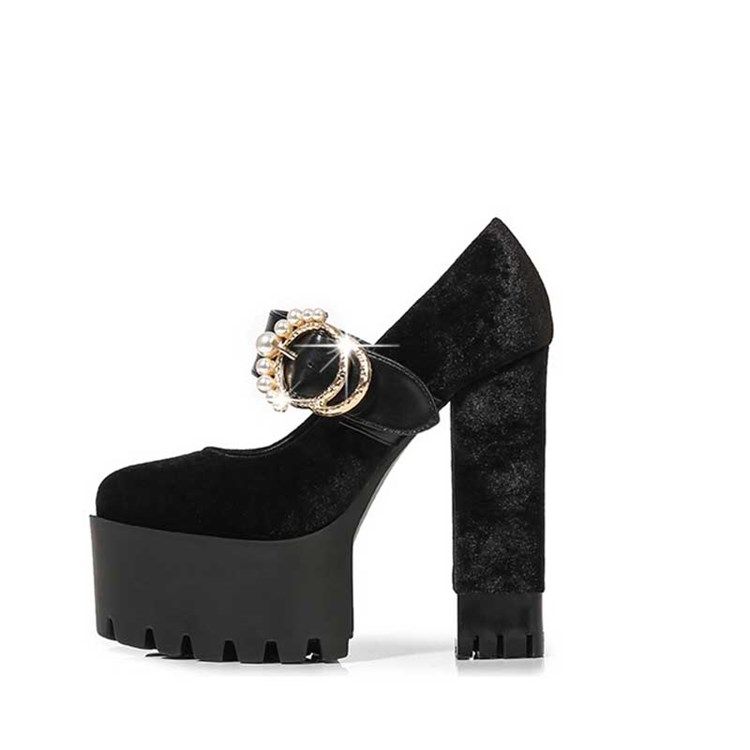 Faux Mocka Beads Chunky Heel Rund Toe Dambalskor