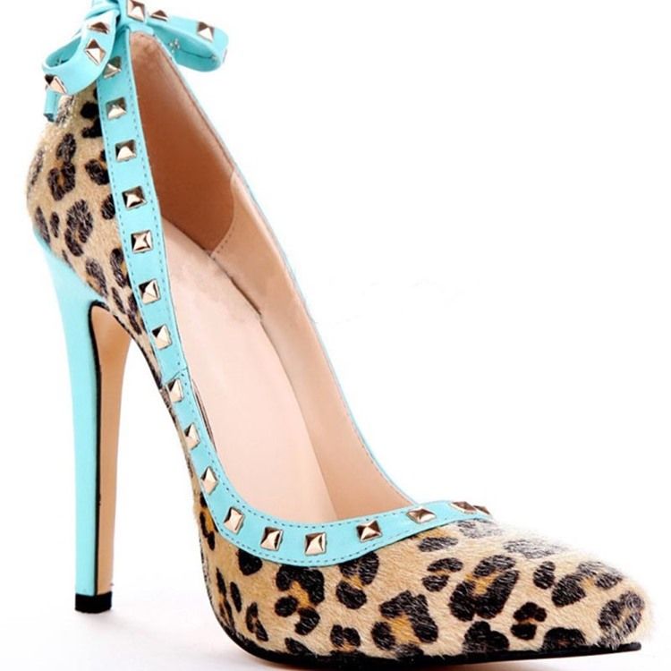 Nit Leopard Stilettklack Spetsad Tå Rosett Dam Pumps