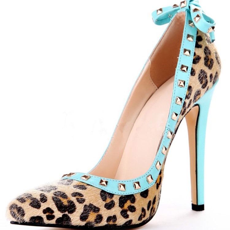 Nit Leopard Stilettklack Spetsad Tå Rosett Dam Pumps