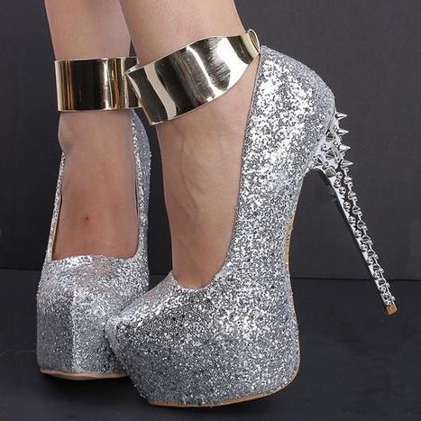 Silver Glitter Platform Ankelrem Klackar Med Nitar